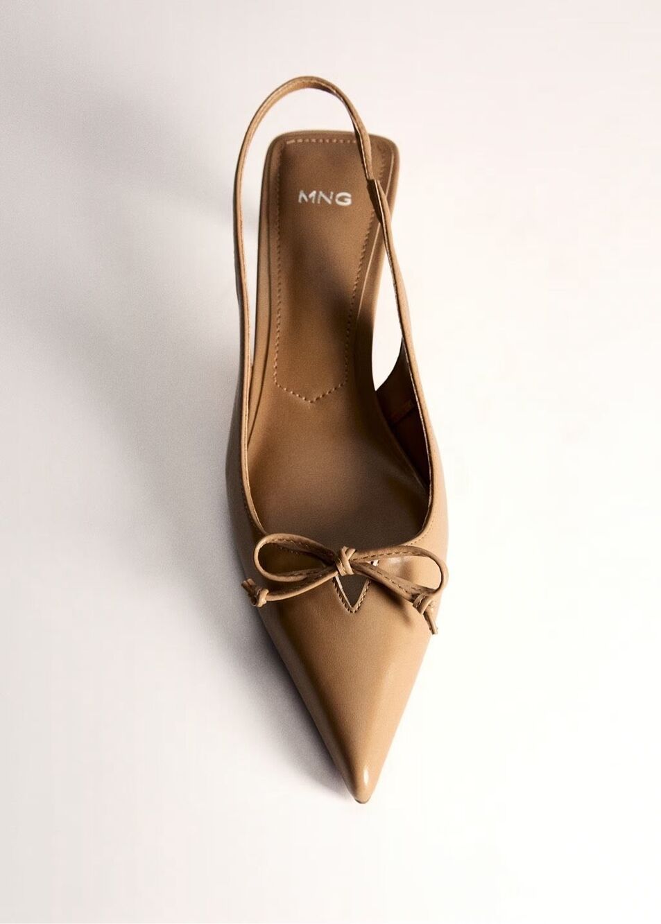 Mango MNG Patent Bow Pointed Toe Slingback Kitten Heels Camel EU 39 US 8.5